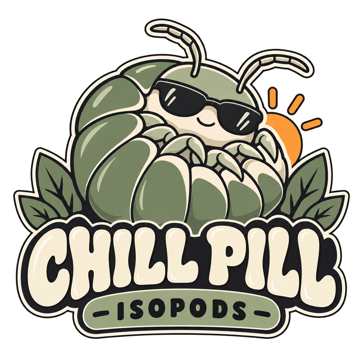 Chill Pill Isopods logo — a relaxed isopod wearing sunglasses