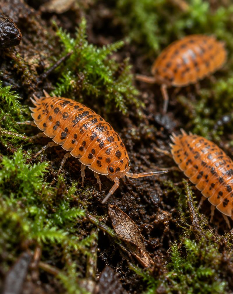 Orange Dalmatian isopods with dark speckles on orange shells