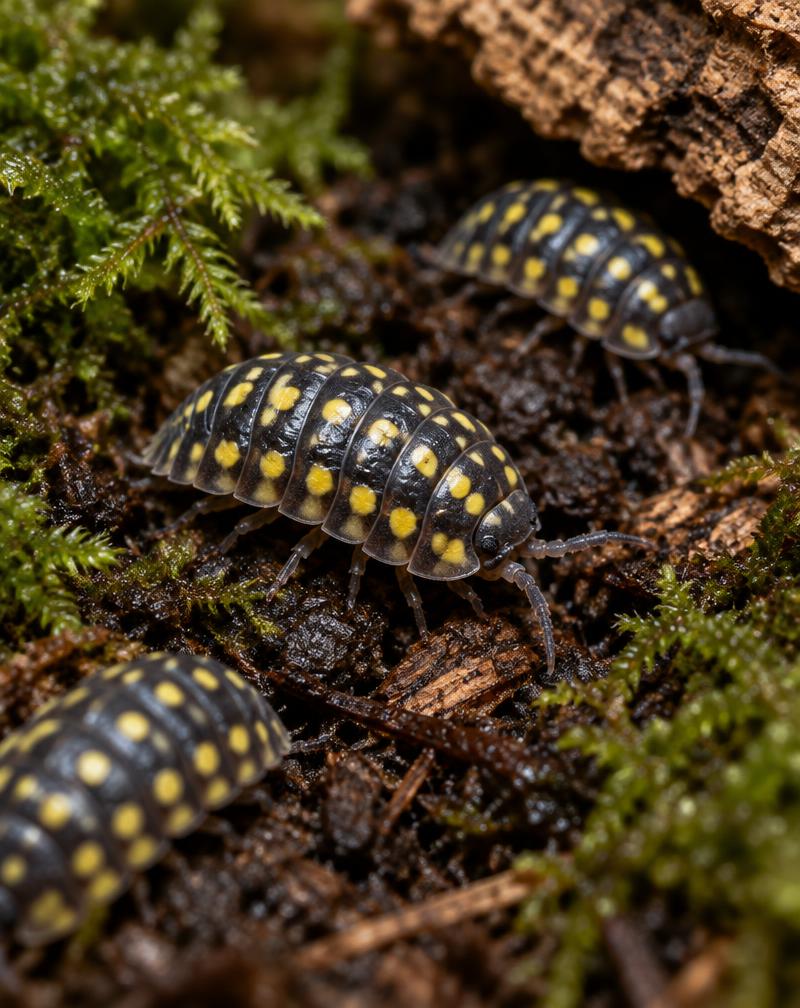 Yellow Spotted isopods with creamy yellow spots on dark shells